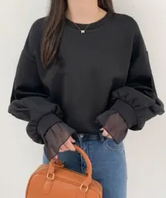 ❤️フリーサイズ❤️袖シアー切り替え プルオーバー ブラック 長袖 カットソー