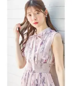 toccoclosetウエストシャーリングフラワープリントプリーツワンピース