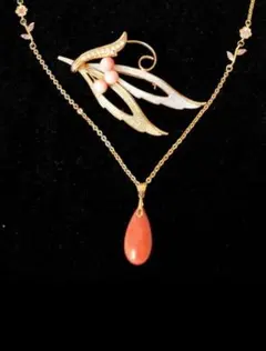 珊瑚 ドロップシェイプ フラワー ネックレス アールヌーヴォー ブローチ e60