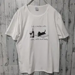 【人気】　猫　プリント　Tシャツ　カットソー　イラスト　XL　ホワイト　⑩