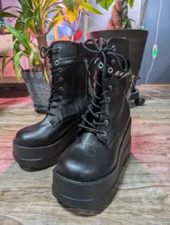 ブラック ブーツ チェーン付き レースアップ LLサイズ