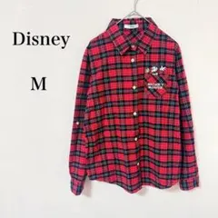 ディズニー◇ミッキーマウス 刺繍 チェックシャツ 長袖 レッド 黒 Mサイズ