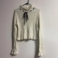 アイボリー リブ編み フリルネック セーター