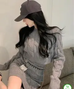 グレー ケーブルニット セットアップ