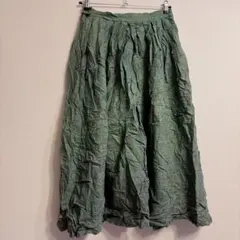 グリーンロングスカート プリーツ フレア きれいめ カジュアル リネン 海外古着