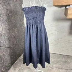 ZARA ベアトップワンピース ノースリーブ ギャザー ネイビー M size
