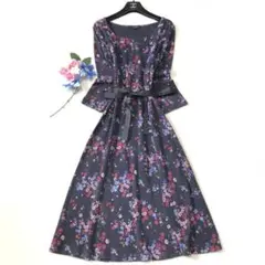未使用級　ローラアシュレイ　ロングワンピース　フローラル　濃紺　綿100%✨