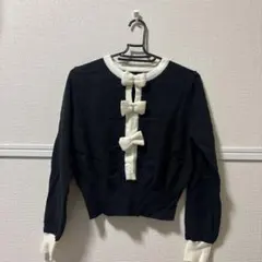 SHEIN リボン付き 長袖ニット ブラック×ホワイト S