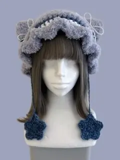 【1点のみ】猫耳ニット帽 青 白 グレー ブルー ホワイト