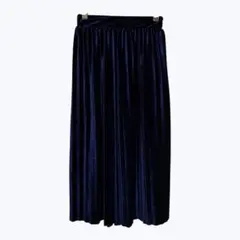 ネイビー ベロア プリーツ ロング スカート ウエストゴム
