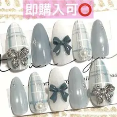 ネイルチップ現品オーダー量産型フレンチガーリー韓国ワンホンスナ系チェック青白水色