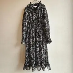 センスオブプレイス 花柄シフォンワンピース 黒 ロング フリー 春夏