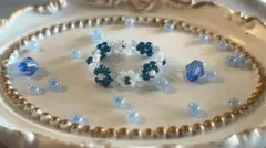 青白ビーズ フラワーモチーフリング（ご希望サイズオーダー可能です！）