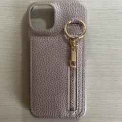 iPhone14 ジッパーポケット付きレザー風ケース　ピンクベージュ