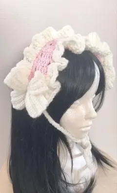 白×ピンク フリルとリボンのヘッドドレス 編み物