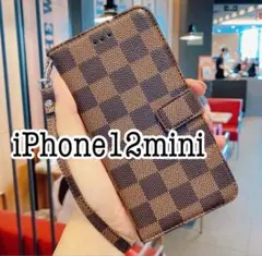 iPhone12mini チェック柄手帳型ケース　ブラウン 茶色