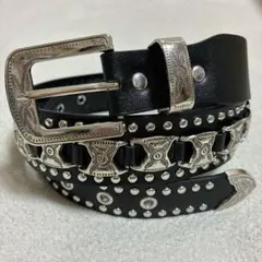 ウエスタンスタッズベルト 黒 シルバーバックル コンチョ アメカジ パンク 古着