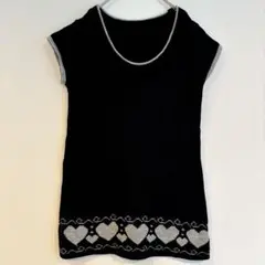 黒のハート柄半袖ニット グレー チュニック ベスト レイヤード 冬 クルーネック