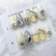 ♡ 量産型 フレンチガーリー チェック柄　リボン 黄色 ネイルチップ 現品 ♡