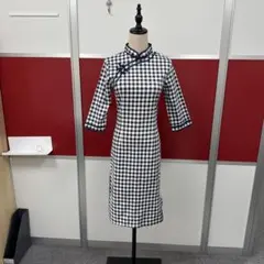 チェック柄チャイナドレス 膝丈 7分袖S-M