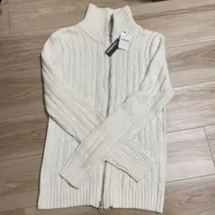 アイボリー ケーブルニット フルジップセーター 白