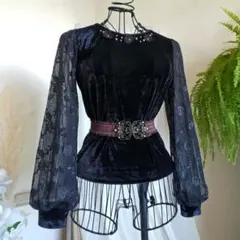 アクシーズ ポエティック チュール袖ベロア使いプルオーバーブラック パフスリーブ