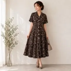 極美品 DAKS ダックス 総柄 花柄 ロングワンピース 半袖のサムネイル