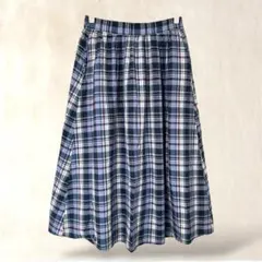 綿100% フレアスカート　M　青系　チェック柄　ウエストゴム　ミモレ丈　春夏