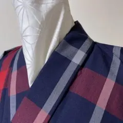 単衣着物　ウール　赤/紺チェック　未使用品　ハンドメイド用