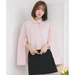 RETRO GIRL 袖あき刺繍ショートSH シャツ ピンク ストライプ柄のサムネイル