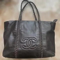 CHANEL ダークブラウン トートバッグ　チェーン　保存袋付き