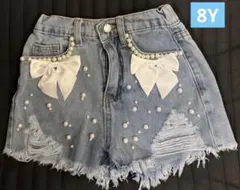 SHEIN 8Y ライトウォッシュ加工 デニム フェイクパール ショートパンツ