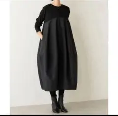 バルーンスカート　長袖　体型カバー　ロングワンピース　ブラック　カットソー着痩せ