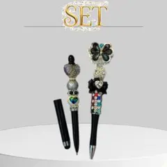 ハートモチーフのタッチペンと合金付きボールペン2本セット（黒）