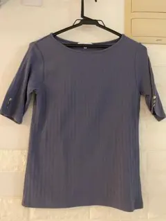 新品未使用　リブ編み 紫色 半袖Tシャツ ボタン付き