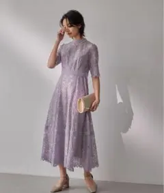 Dorry Doll配色レース×ハシゴレース切り替えワンピースドレス　ラベンダー