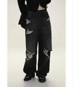 MASONPRINCE ダメージ加工 ユニセックスワイドデニムパンツ