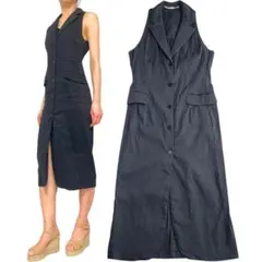 ZARA ザラ リネン混 ノースリーブ ジレ シャツワンピース 黒 S