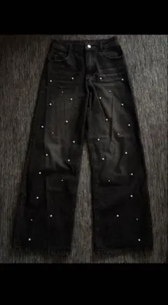 GRLブラックデニムパンツ パール装飾 ワイドレッグ