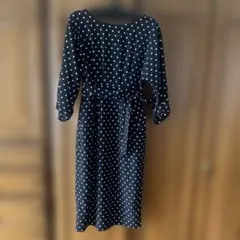ドット柄ウエストリボン付きワンピース