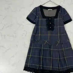 axes femme 切替 異素材 チェック 半袖 ひざ丈 ワンピース M