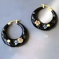 ✨ レトロ ヴィンテージ 黒 フープ ピアス 太陽 アンティーク