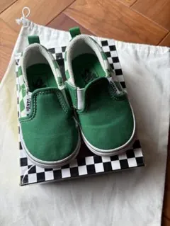 美品　VANS スリッポン　グリーン チェック柄 13cm 箱あり