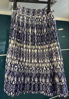 Leilian プリーツスカート ネイビー/ホワイト・ブルー系柄　M-L