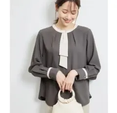 ロペピクニック　配色ボウタイブラウス　グレー　バイカラー　サイズ36