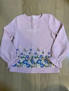 ☆美品☆１３０ピンク花柄トレーナー袖フリル裏フリース