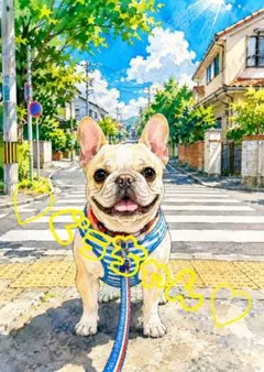 《一点限り》フレンチブルドッグ 夏空の住宅街