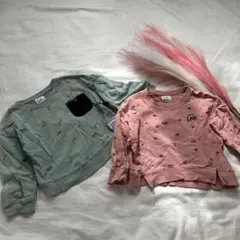 美品buddyLee100㎝綿100%グリーン・ピンク トレーナー 双子兄弟姉妹