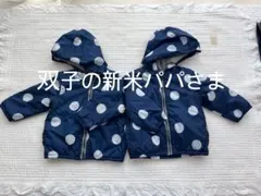 【2枚セット双子】プチバトー水玉青ナイロン中綿入りダウンアウター内側ボア81cm