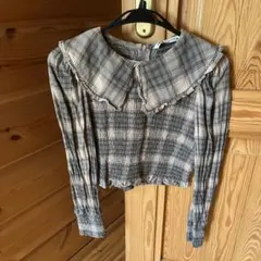 ZARA チェック柄 フリル付き長袖ブラウス